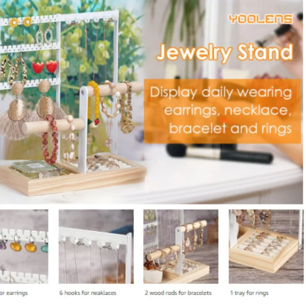 4-Tier Earring Holders & Necklace Towers - Jewelry Organizer w/ Velvet Ring Tray